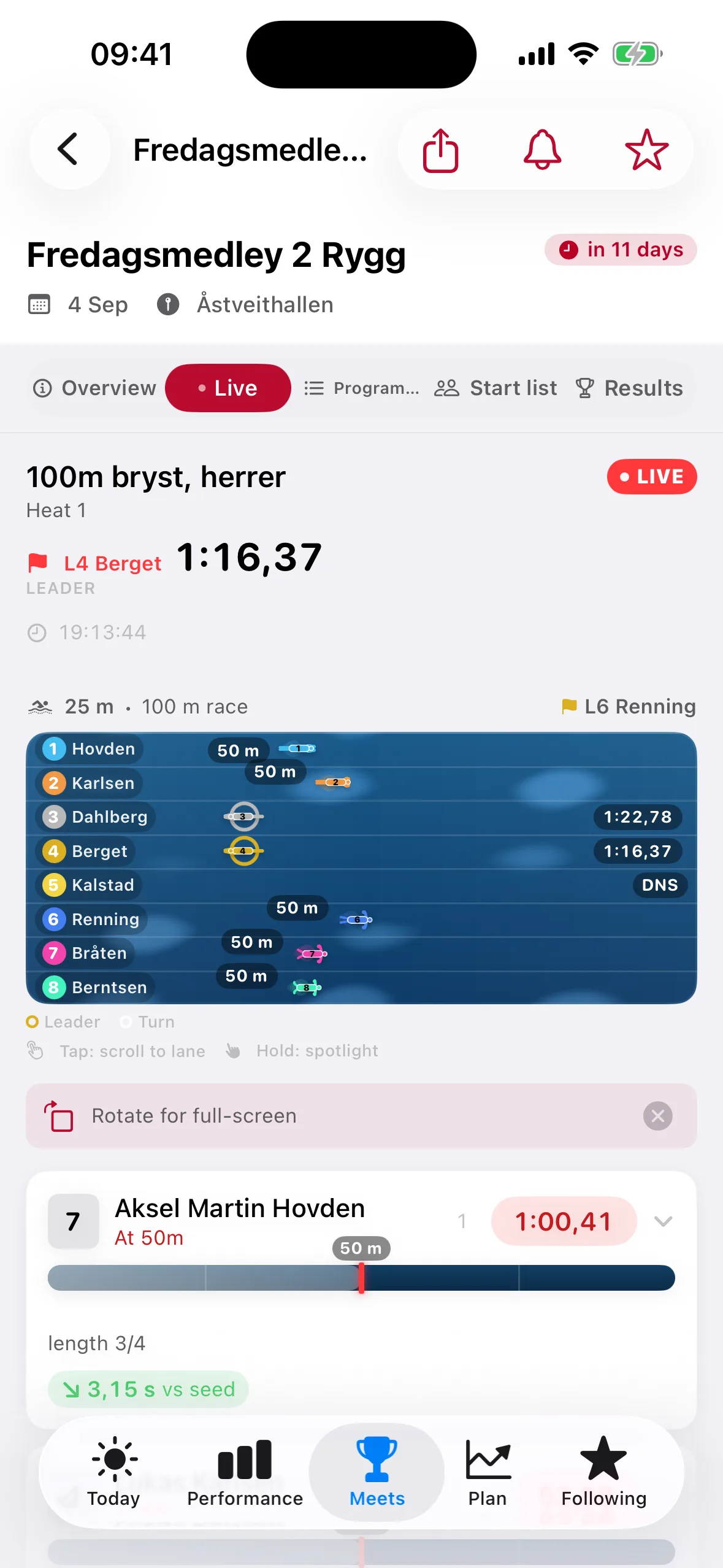 LaneStory live race view: eight lanes with swimmer positions, the leader at 1:16,37