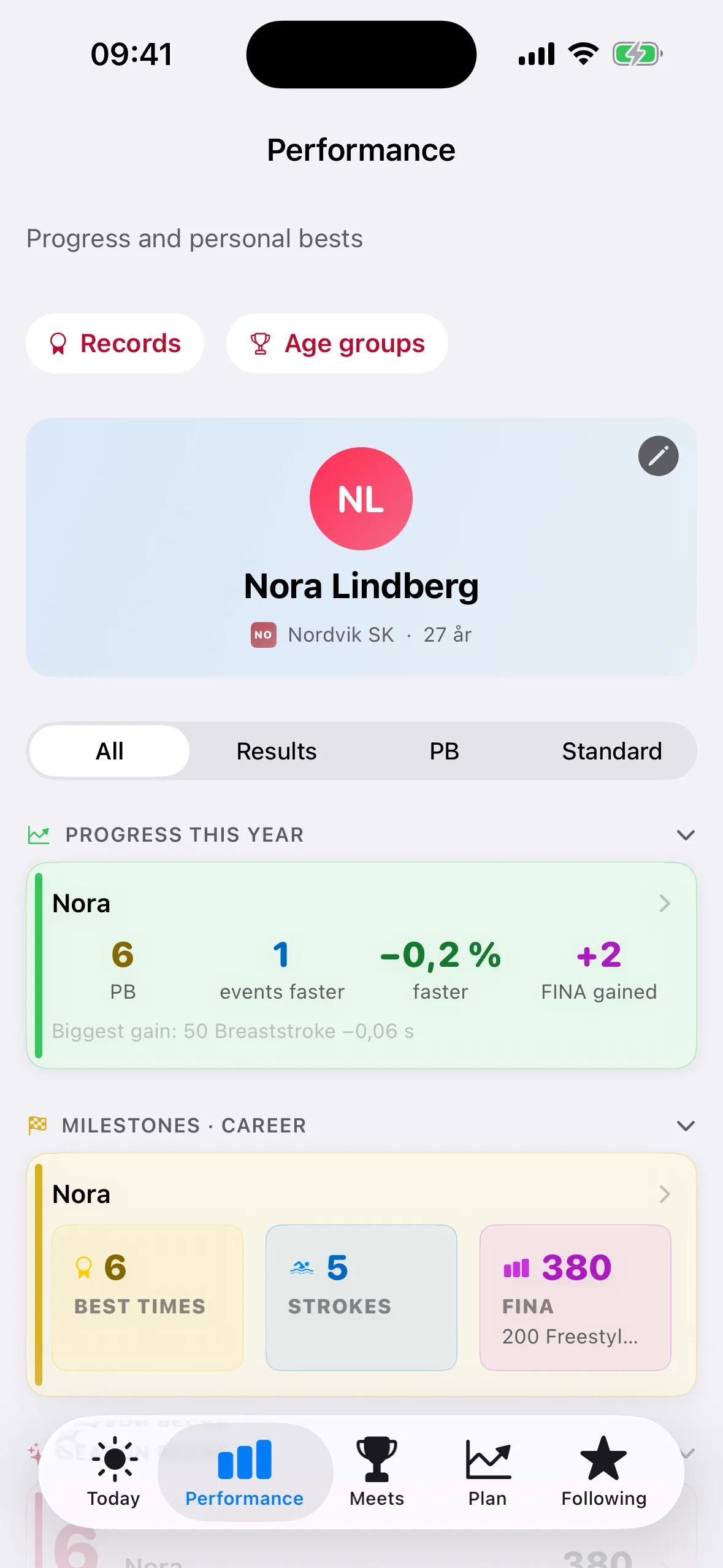 Performance screen with season progress and career milestones