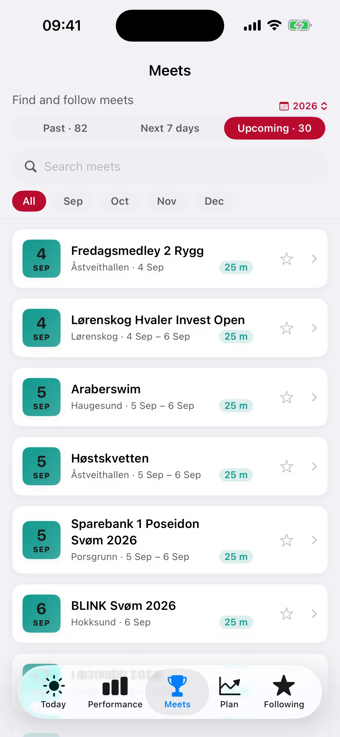Meet list showing upcoming Norwegian swim meets